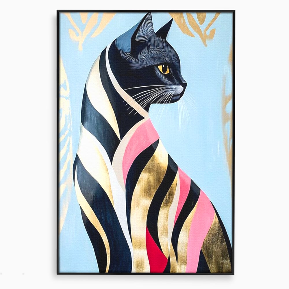 Tablou canvas cu tablou canvas cu pisica neagra stilizata, in rama de aluminiu negru